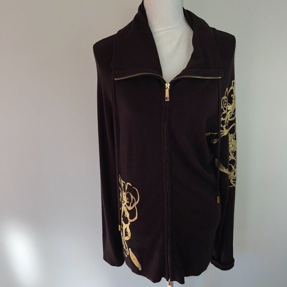 Cache Jacket Large L Womens Vintage Floral Knit Zipper Front Brown Gold Metallic - Picture 12 of 14